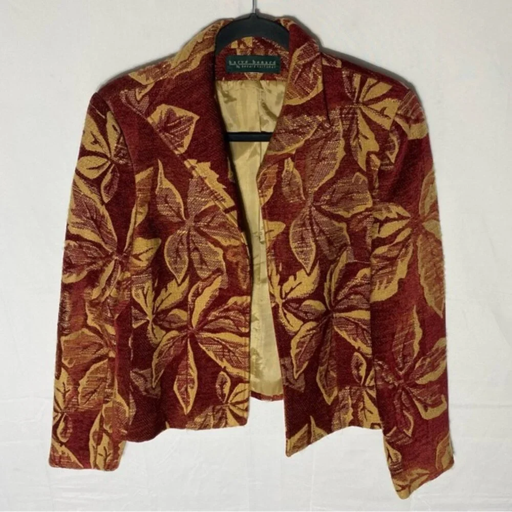 Harvé Benard Red Yellow Chenille Leaf Print Tapestry Open Front Blazer Jacket S - Picture 14 of 14